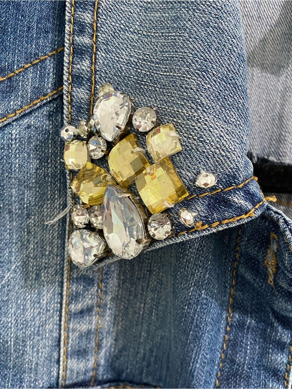 INC International Concepts Distressed Blue Denim Vest with Jeweled Collar - Picture 3 of 9